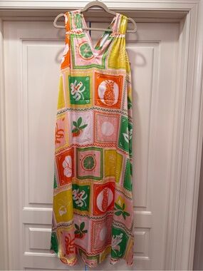 Adrienne Pink, Green & Yellow Tropical Print Maxi Dress